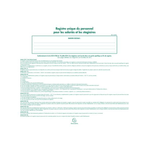 Registre unique du personnel - Salariés et stagiaires - 27x32cm - 56pages - Exacompta