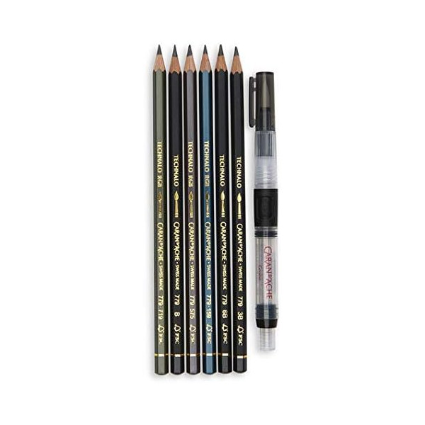 Crayons graphite - Aquarellable - Coffret 6 crayons + pinceau à eau - Carand' Ache