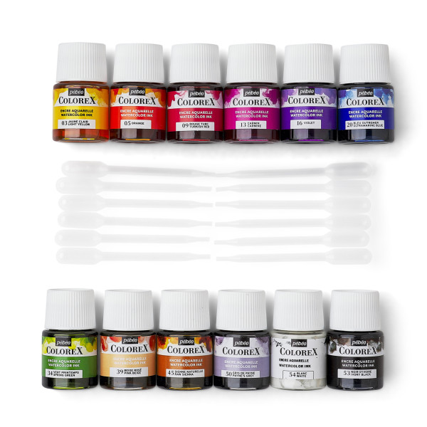 Encre - Aquarelle - Coffret 12 couleurs - Pébéo - Colorex - Essentiels - Pots 20ml