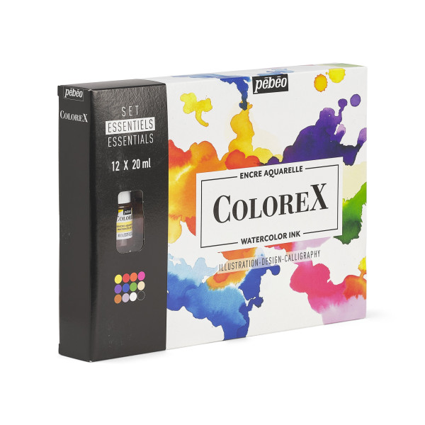 Encre - Aquarelle - Coffret 12 couleurs - Pébéo - Colorex - Essentiels - Pots 20ml