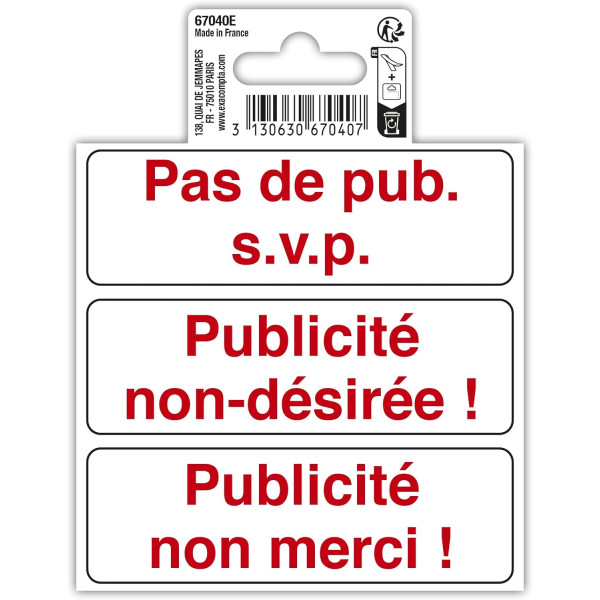 photo-Signalétique adhésive - Pas de pub - Stop pub - 10x10cm - Rouge/Blanc - PVC