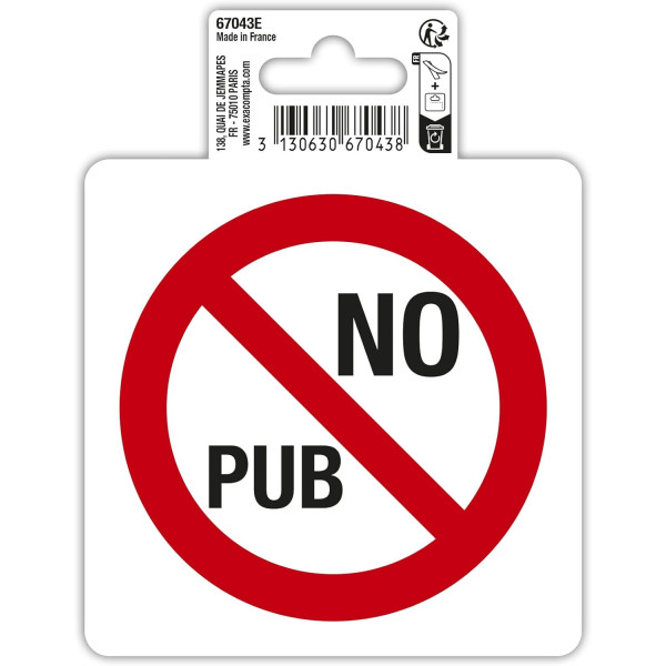 photo-Signalétique adhésive - No pub - Stop pub - 10x10cm - PVC - Rouge/Blanc