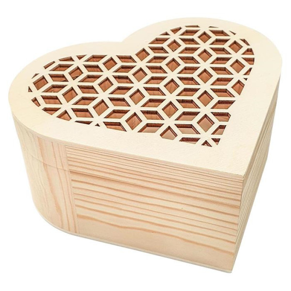 photo-Boite à bijoux - Coeur - Bois ciselé - 15x14,5x7cm - A décorer et personnaliser