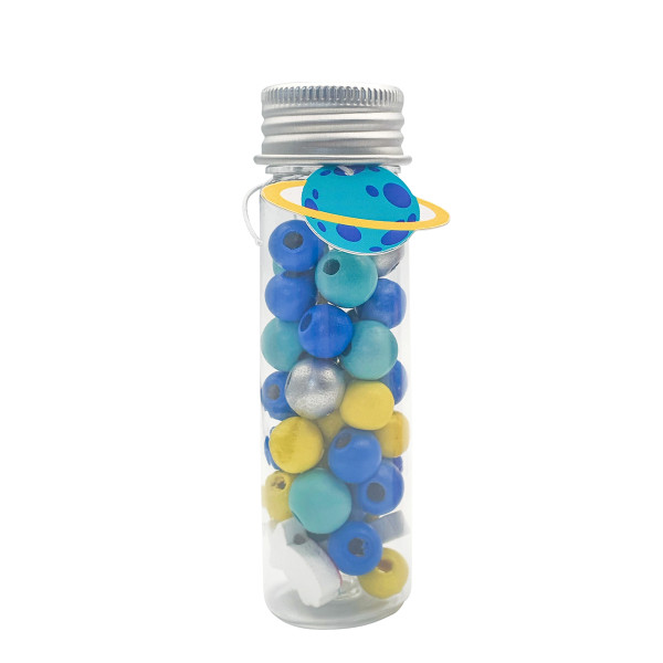 photo-Perles en bois - Tons bleu, jaune et argent + fil transparent - Tube de 15g