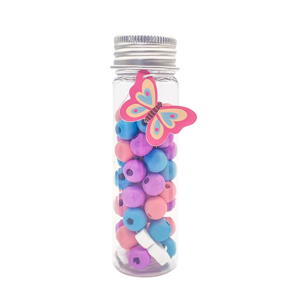 photo-Perles en bois - Tons bleu, rose, violet + fil transparent - Tube de 15g