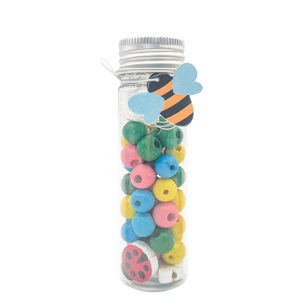 photo-Perles en bois - Tons bleu, jaune, vert et rose + fil transparent - Tube de 15g