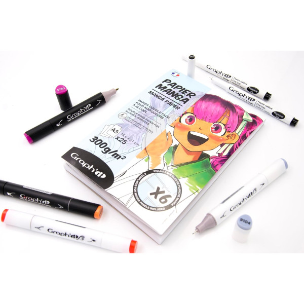 Bloc - Dessin - Manga - A5 - Spécial marqueurs - 300g - 25 feuilles - 6 planches calques incluses