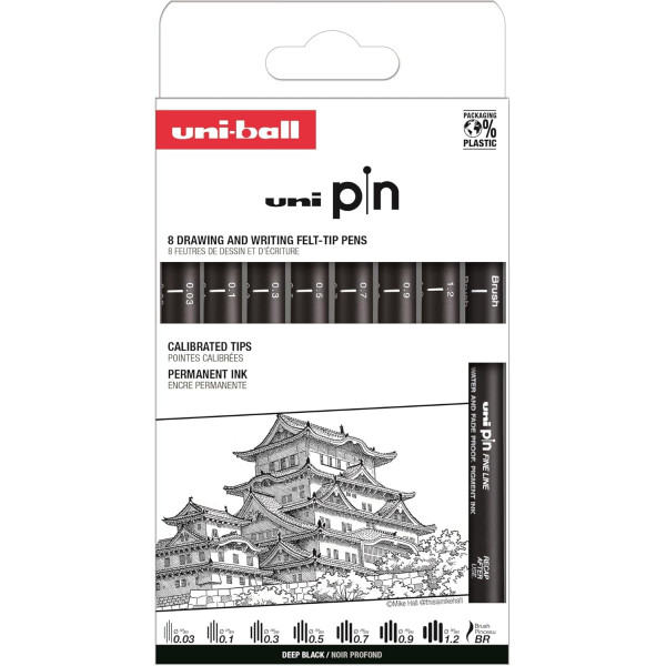 photo-Feutres - Noir - Dessin - Ecriture - Assortiment 8 pointes - Uni-Pin - Uni-Ball
