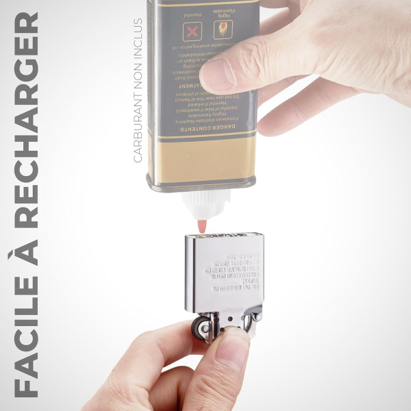 Briquet - Métal - A essence - Rechargeable - 6x4x2cm - Coupe-vent - Champ