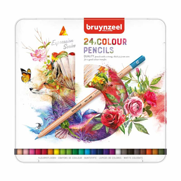 photo-Crayons de couleur - 24 teintes - Mine épaisse - Boîte métal - Bruynzeel