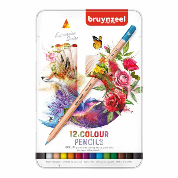 photo-Crayons de couleur - 12 teintes basiques - Mine épaisse - Boite métal - Bruynzeel