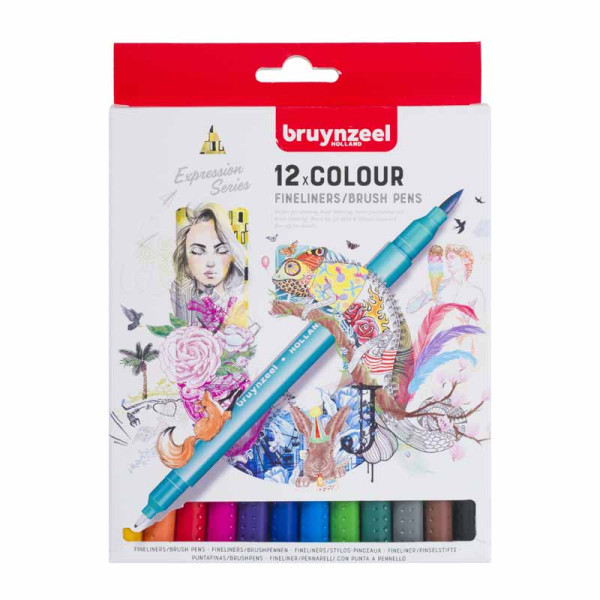 photo-Feutres - Deux pointes - Fine et pinceau - 12 teintes - Coloriage, dessin - Bruynzeel