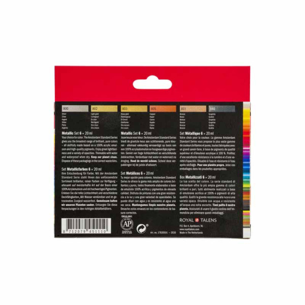 Peinture acrylique - 6 couleurs métalliques - Tubes 20ml - Amsterdam