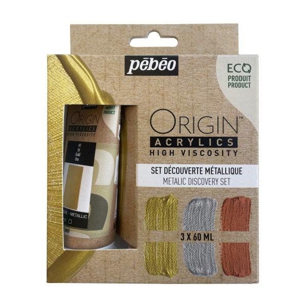 photo-Peinture acrylique - 3 couleurs métalliques - Tubes 60ml - Haute viscosité - Pébéo - Origin acrylics