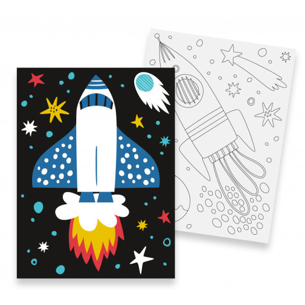 photo-Peinture au numéro - Enfant - Fusée et étoiles - 2 toiles + peinture + pinceaux