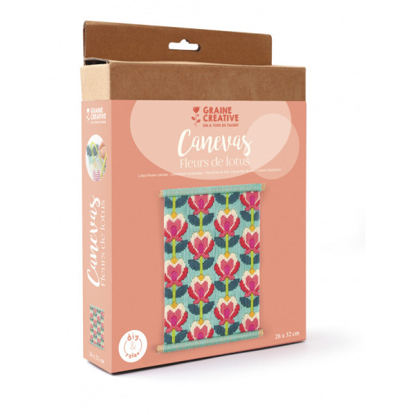 photo-Kit broderie - Canevas - Fleurs de lotus - Toile + tourillons + aiguilles + fils - Graine créative