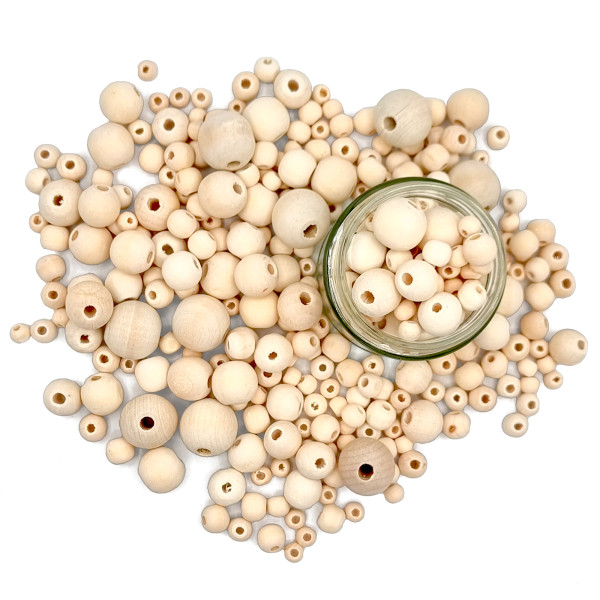 photo-Perles - Rondes - Bois naturel - Assortiment tailles - 385 pièces - Bijoux
