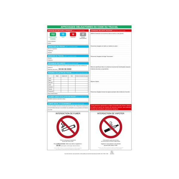 photo-Panneau d'affichages obligatoires du code du travail - 40x60cm - Effaçable