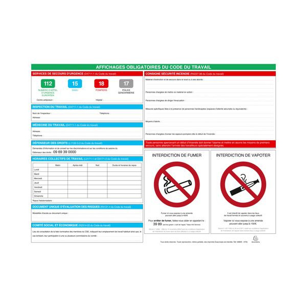photo-Panneau d'affichages obligatoires du code du travail - 57x42cm - Effaçable