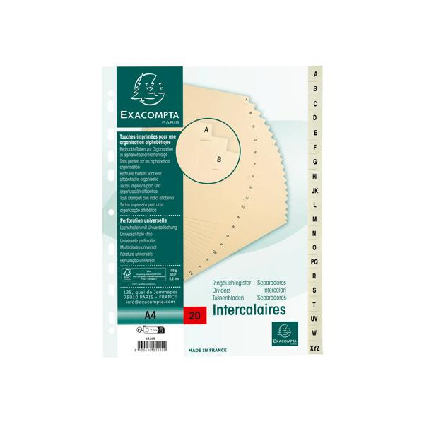phoot-Intercalaires - A4 - 20 touches - Alphabétique - A-Z - Beige - Pour classeur - Exacompta