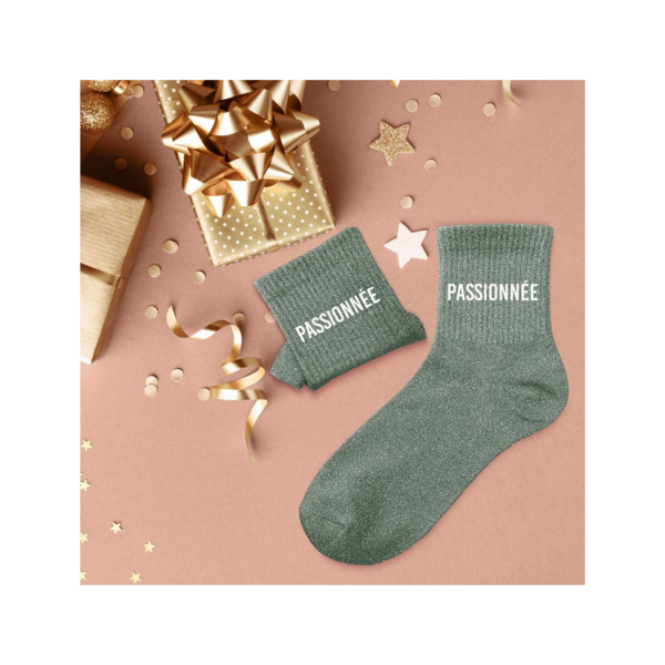 Chaussettes - Femme - Vert avec paillettes - Passionnée - Taille 36/42 - Humour - Cadeau