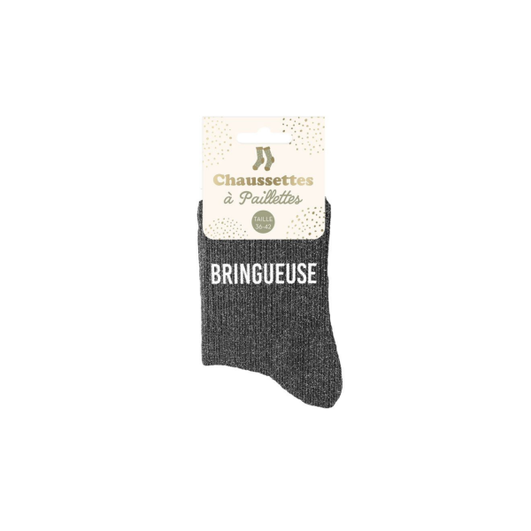 Chaussettes - Femme - Noir avec paillettes - Bringueuse - Taille 36/42 - Humour - Cadeau