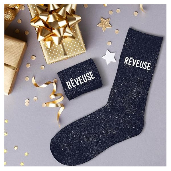Chaussettes - Femme - Bleu avec paillettes - Rêveuse - Taille 36/42 - Humour - Cadeau