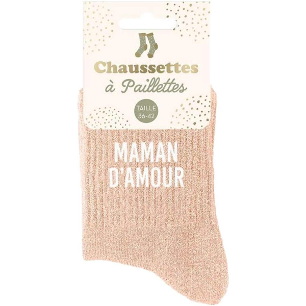 Chaussettes - Femme - Rose avec paillettes - Maman d'amour - Taille 36/42 - Humour - Cadeau