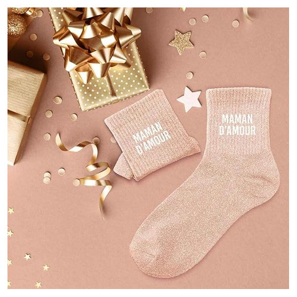 Chaussettes - Femme - Rose avec paillettes - Maman d'amour - Taille 36/42 - Humour - Cadeau