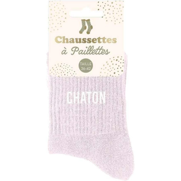 Chaussettes - Femme - Rose pâle avec paillettes - Chaton - Taille 36/42 - Humour - Cadeau