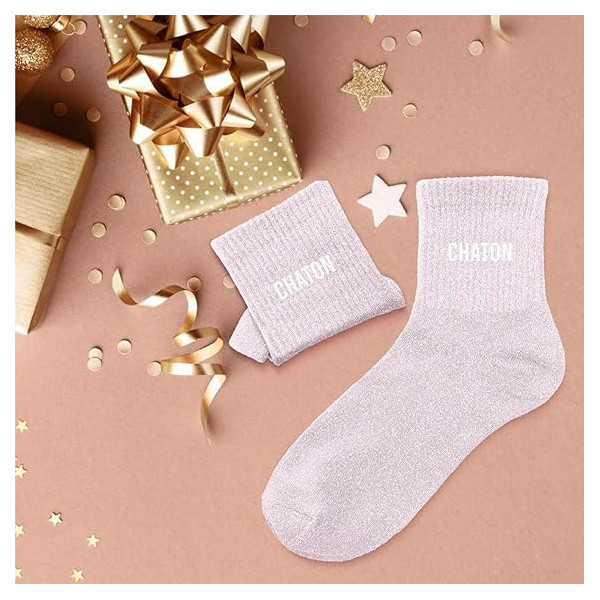 Chaussettes - Femme - Rose pâle avec paillettes - Chaton - Taille 36/42 - Humour - Cadeau
