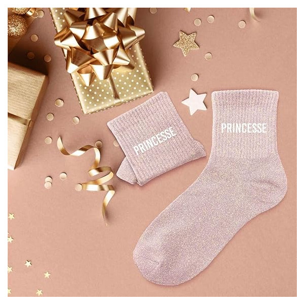Chaussettes - Femme - Rose avec paillettes - Princesse - Taille 36/42 - Humour - Cadeau