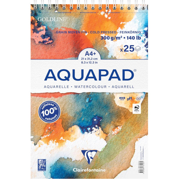photo-Bloc - Aquarelle - A4+ - Grain moyen fin - Spirales - 25 feuilles - 300g - Clairefontaine - Aquapad