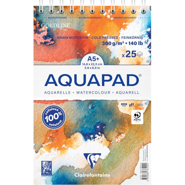photo-Bloc - Aquarelle - A5+ - Grain moyen fin - Spirales - 25 feuilles - 300g - Clairefontaine - Aquapad