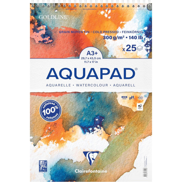 photo-Bloc - Aquarelle - A3+ - Grain moyen fin - Spirales - 25 feuilles - 300g - Clairefontaine - Aquapad