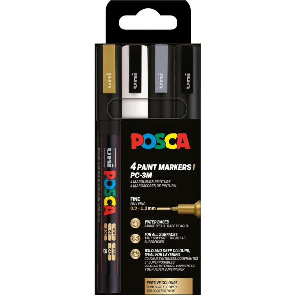 photo-Pochette 4 marqueurs POSCA - PC3M - Couleurs festives - Pointe fine - 0,9-1,3mm