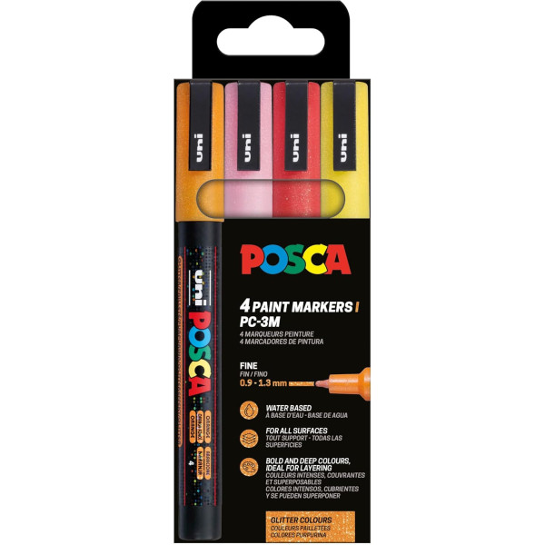 photo-Pochette 4 marqueurs POSCA - PC3M - Couleurs pailletées - Pointe fine - 0,9-1,3mm