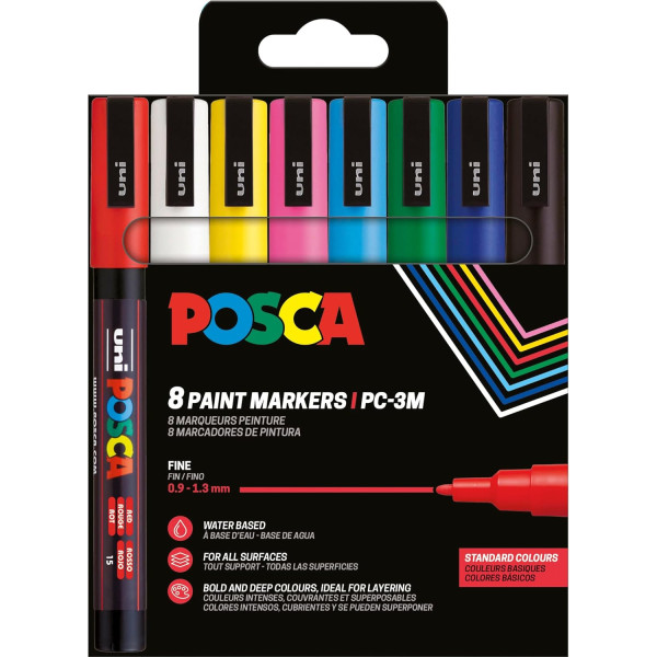 photo-Pochette 8 marqueurs POSCA - PC3M - Couleurs basiques - Pointe fine - 0,9-1,3mm