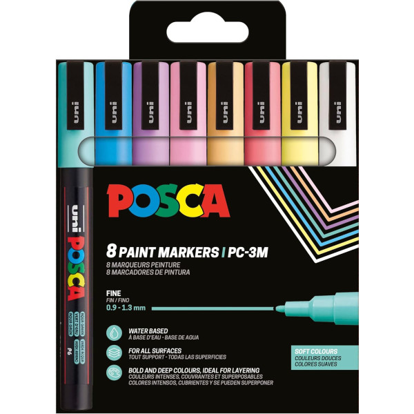 photo-Pochette 8 marqueurs POSCA - PC3M - Couleurs douces - Pointe fine - 0,9-1,3mm
