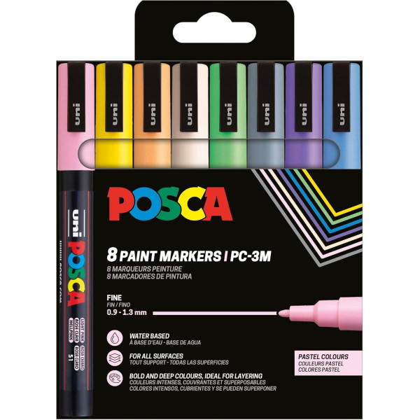 photo-Pochette 8 marqueurs POSCA - PC3M - Couleurs pastel - Pointe fine - 0,9-1,3mm