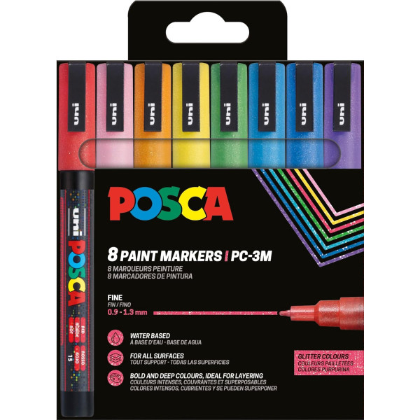 photo-Pochette 8 marqueurs POSCA - PC3M - Couleurs pailletées - Pointe fine - 0,9-1,3mm