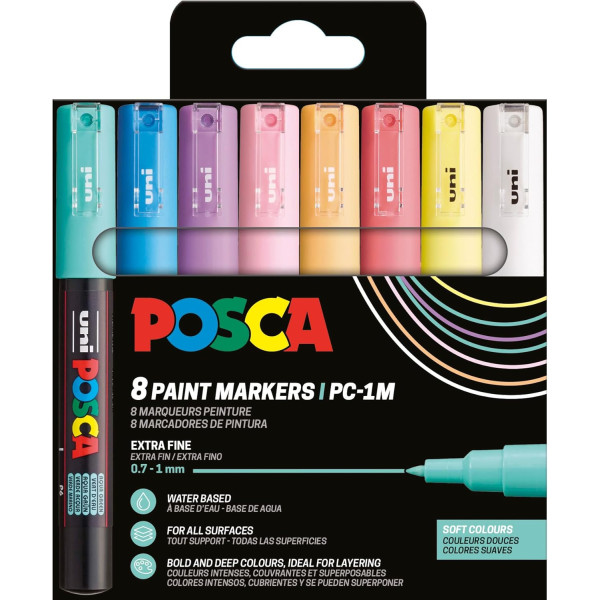 photo-Pochette 8 marqueurs POSCA - PC1M - Couleurs douces - Pointe extra fine - 0,7-1mm