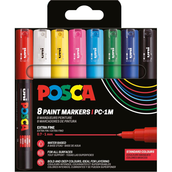 photo-Pochette 8 marqueurs POSCA - PC1M - Couleurs basiques - Pointe extra fine - 0,7-1mm