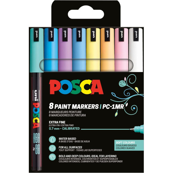photo-Pochette 8 marqueurs POSCA - PC1MR - Couleurs douces - Pointe extra fine - 0,7mm