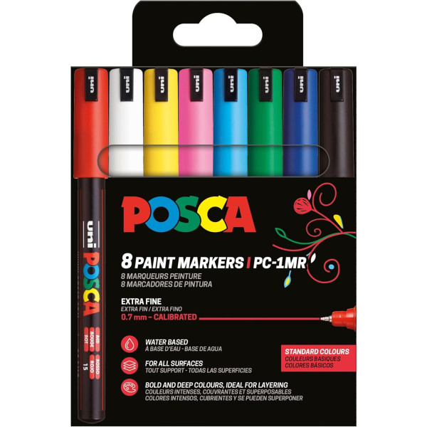 photo-Pochette 8 marqueurs POSCA - PC1MR - Couleurs basiques - Pointe extra fine - 0,7mm