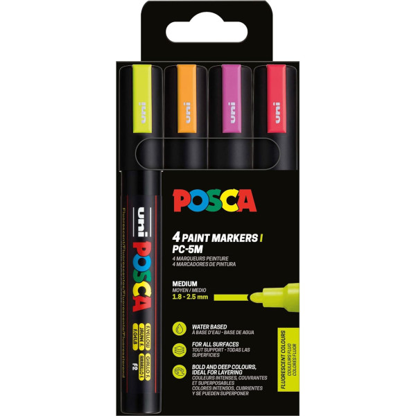 photo-Pochette 4 marqueurs POSCA - PC5M - Couleurs fluos - Pointe moyenne