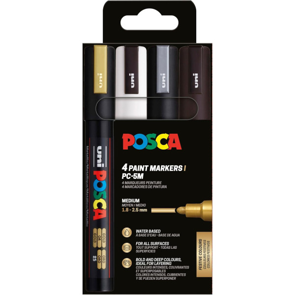 photo-Pochette 4 marqueurs POSCA - PC5M - Couleurs festives - Pointe moyenne