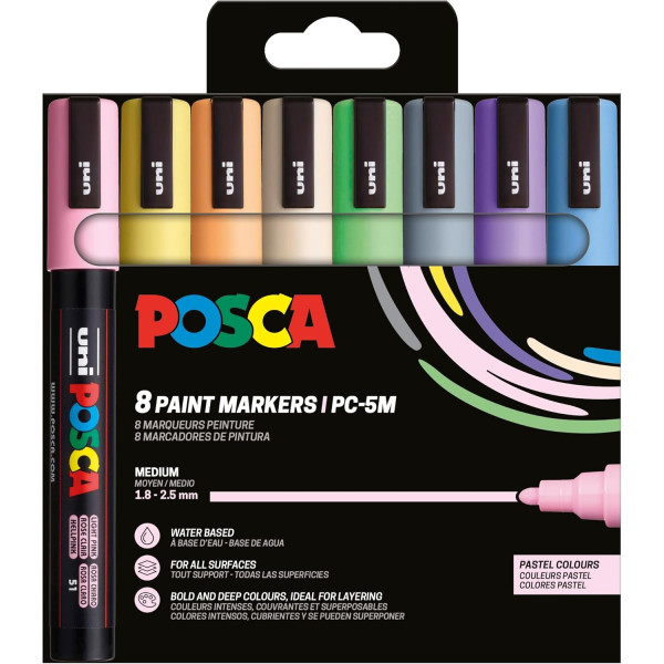 photo-Pochette 8 marqueurs POSCA - PC5M - Couleurs pastel - Pointe moyenne