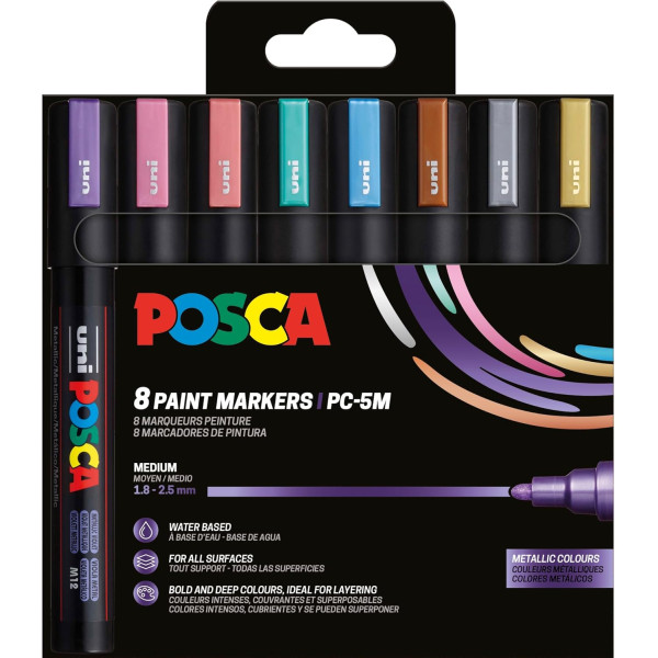photo-Pochette 8 marqueurs POSCA - PC5M - Couleurs métalliques - Pointe moyenne