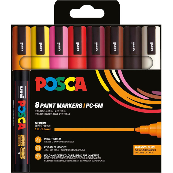 photo-Pochette 8 marqueurs POSCA - PC5M - Couleurs chaudes - Pointe moyenne